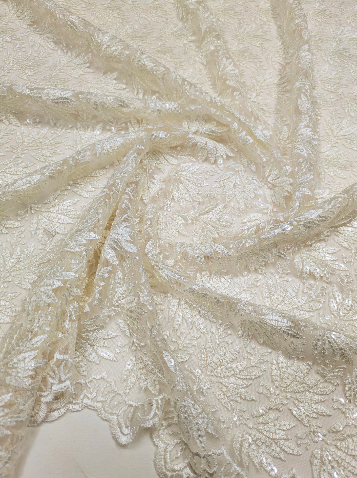 Off white embroidered fabric, Tulle fabric, Wedding dress, Mesh fabric, Floral design, Bridesmaid dress, Vintage fabric, Indian fabric - NFAF1063