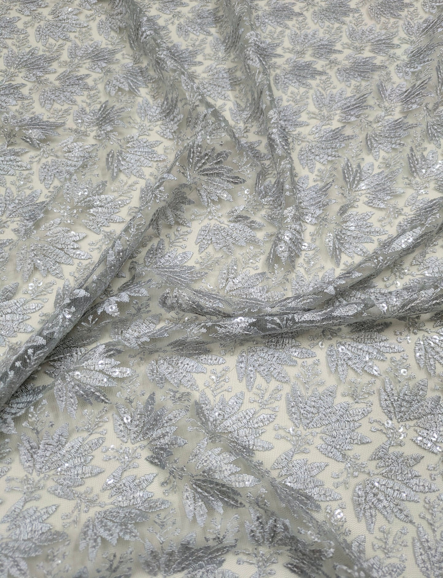 Gray Embroidered fabric, Tulle fabric, Wedding dress, Mesh fabric, Floral design, Bridesmaid dress, Vintage fabric, Indian fabric - NFAF1064