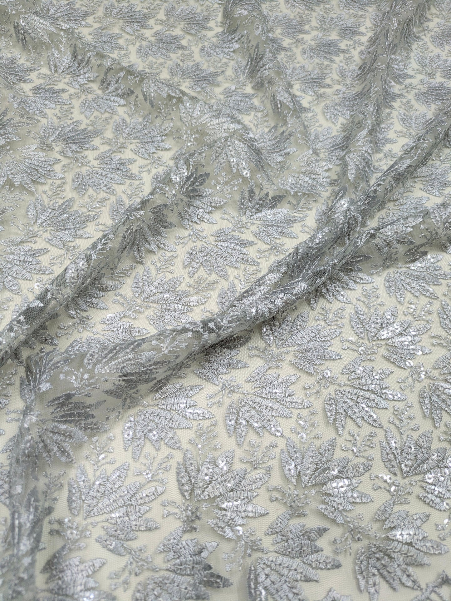 Gray Embroidered fabric, Tulle fabric, Wedding dress, Mesh fabric, Floral design, Bridesmaid dress, Vintage fabric, Indian fabric - NFAF1064