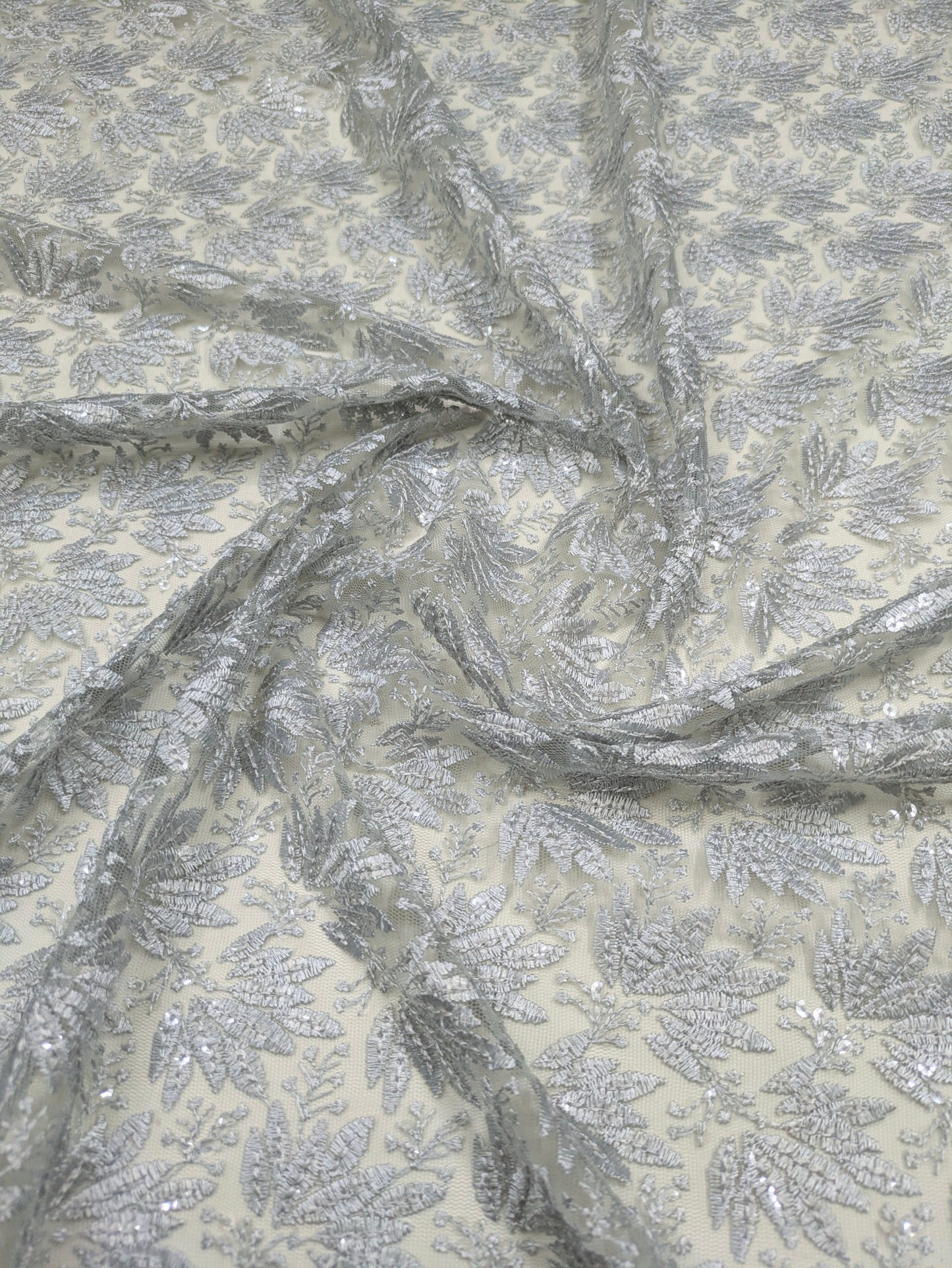 Gray Embroidered fabric, Tulle fabric, Wedding dress, Mesh fabric, Floral design, Bridesmaid dress, Vintage fabric, Indian fabric - NFAF1064