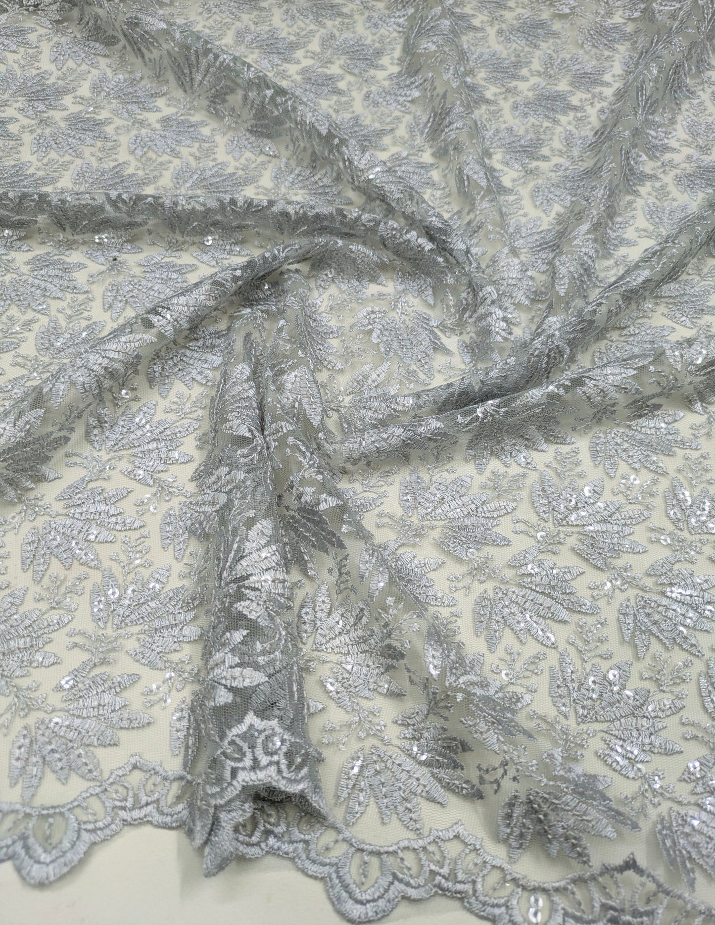 Gray Embroidered fabric, Tulle fabric, Wedding dress, Mesh fabric, Floral design, Bridesmaid dress, Vintage fabric, Indian fabric - NFAF1064