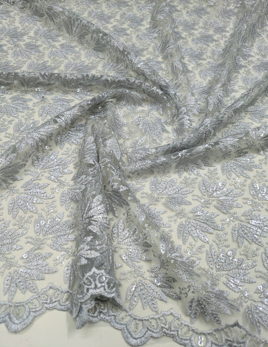 Gray Embroidered fabric, Tulle fabric, Wedding dress, Mesh fabric, Floral design, Bridesmaid dress, Vintage fabric, Indian fabric - NFAF1064