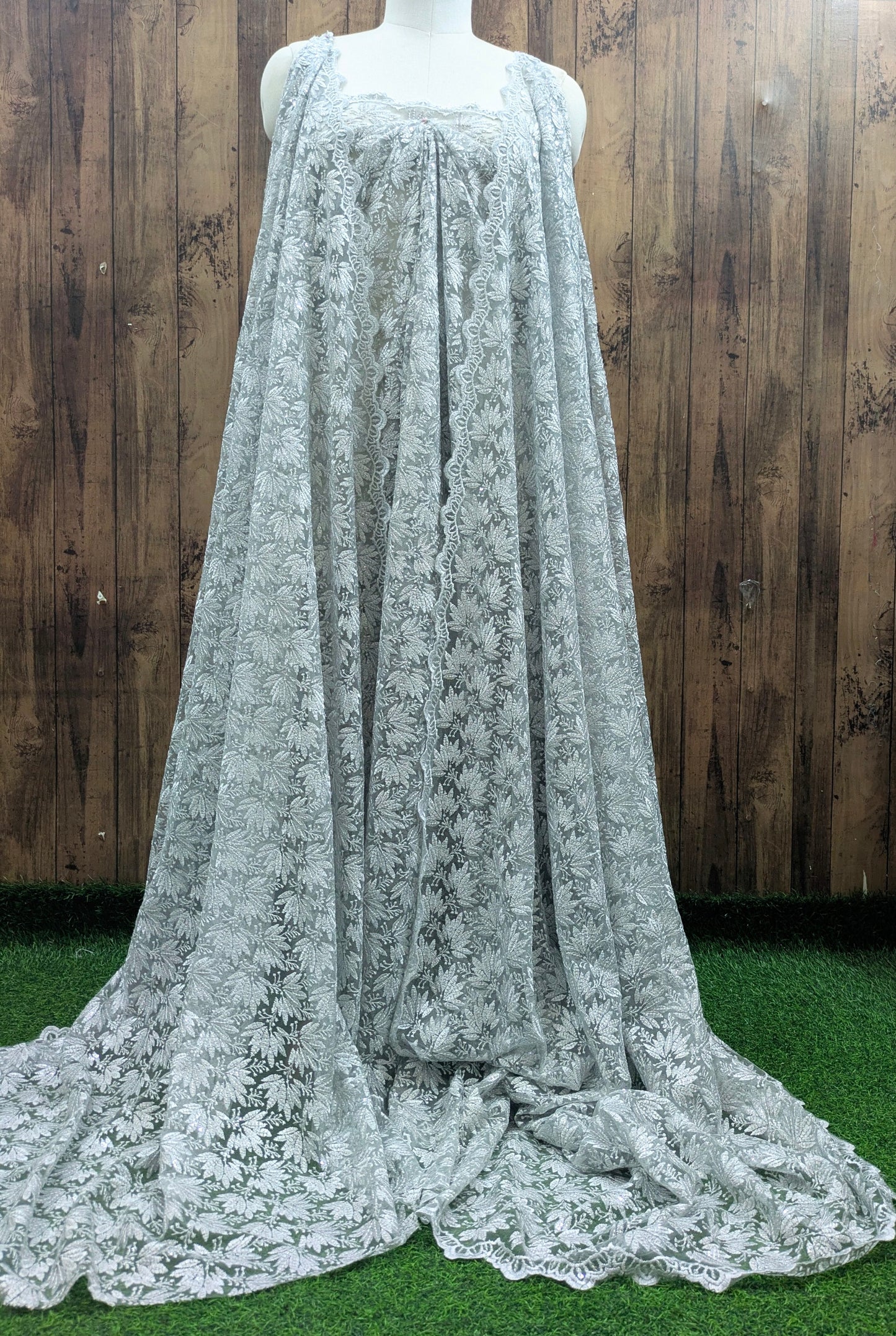 Gray Embroidered fabric, Tulle fabric, Wedding dress, Mesh fabric, Floral design, Bridesmaid dress, Vintage fabric, Indian fabric - NFAF1064