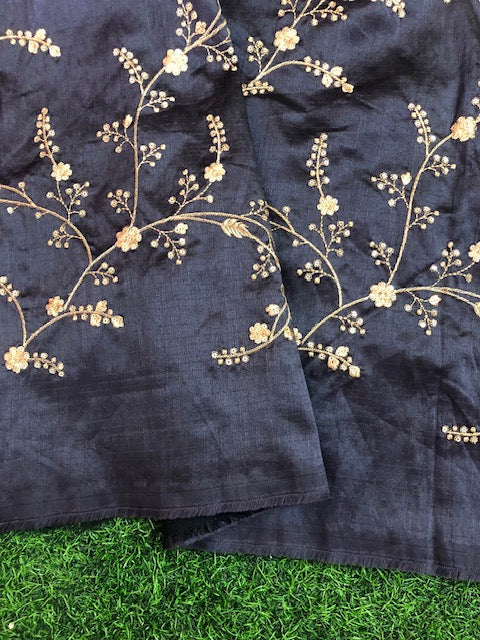 Indian Embroidered Fabric in Grey and gold Color, Multiple lengths will come in the continuous piece - NF106