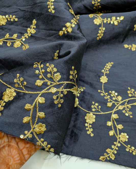 Embroidered fabric, Grey and gold wedding dress fabric, Indian fabric, Bridesmaid dress, Luxury fabric, Thread embroidery, Gold fabric - NFAF106