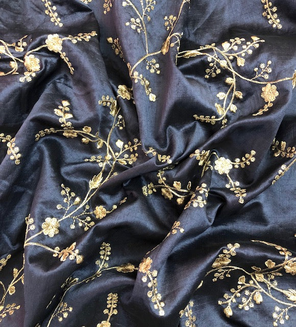 Indian Embroidered Fabric in Grey and gold Color, Multiple lengths will come in the continuous piece - NF106