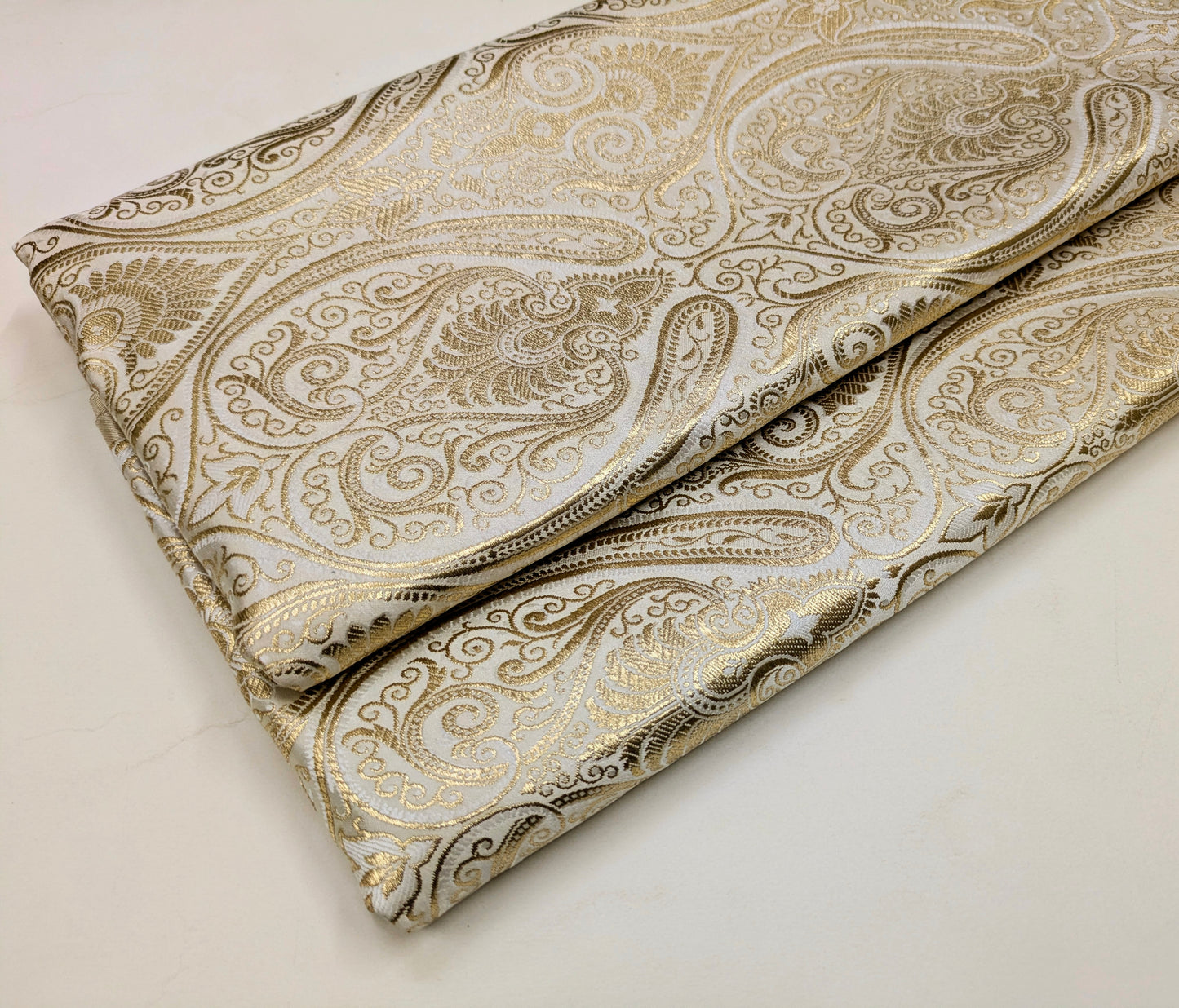 White Gold Banarasi Brocade fabric by the Yard Jacquard Damask Tissu Upholstery Brocade Fabric Wedding Bridal Silk Dress fabric- NFAF140