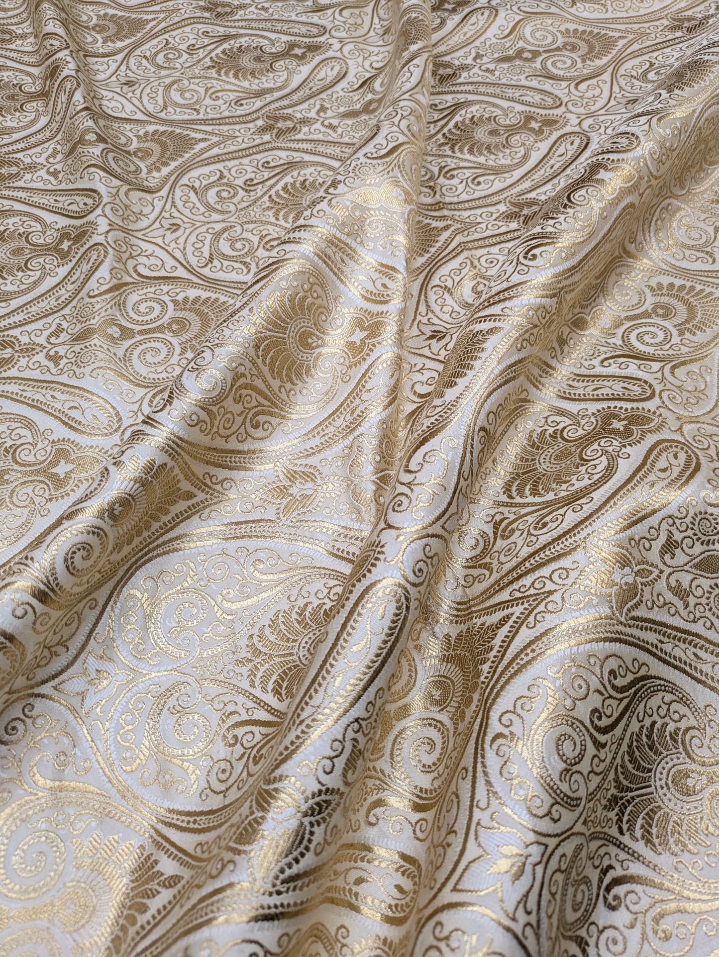 White Gold Banarasi Brocade fabric by the Yard Jacquard Damask Tissu Upholstery Brocade Fabric Wedding Bridal Silk Dress fabric- NFAF140