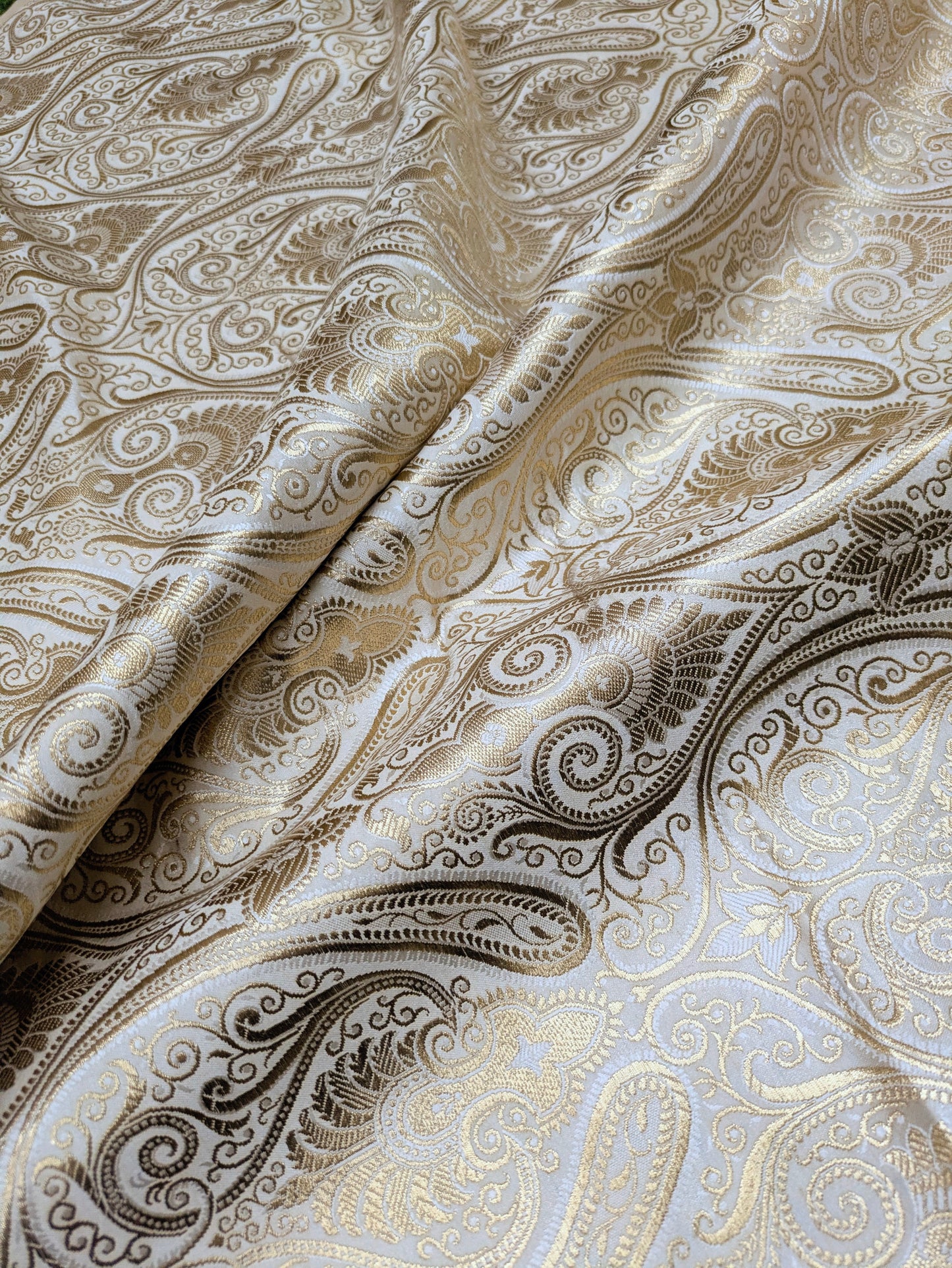 White Gold Banarasi Brocade fabric by the Yard Jacquard Damask Tissu Upholstery Brocade Fabric Wedding Bridal Silk Dress fabric- NFAF140