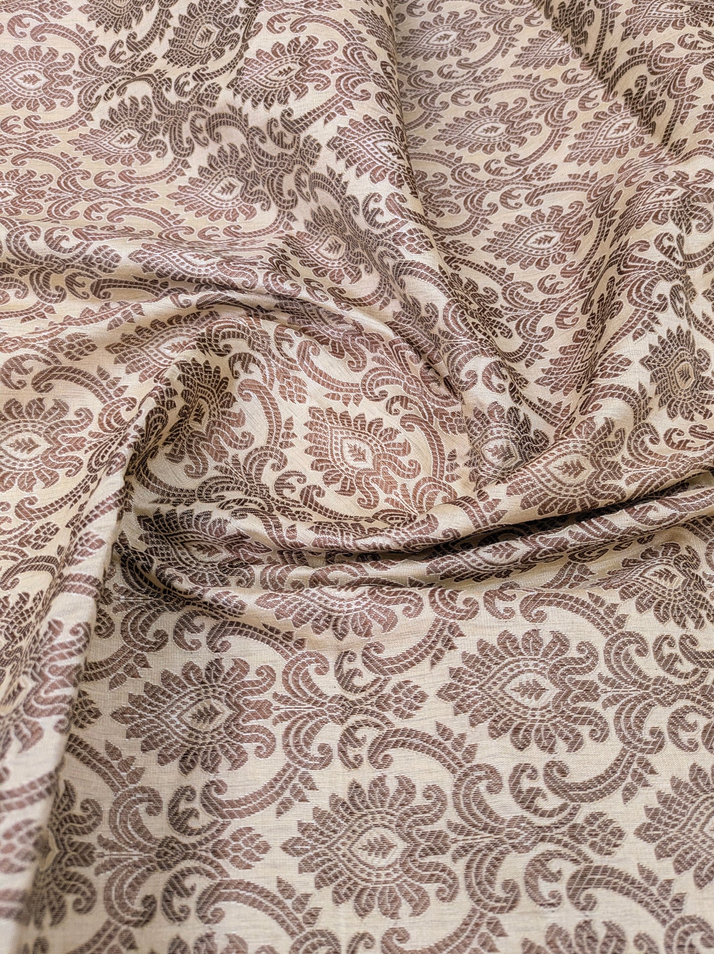 Beige Banarasi Brocade fabric by the yard/meter Jacquard damask fabric Gift for her Wedding bridal fabric Satin silk Dress Fabric- NFAF149