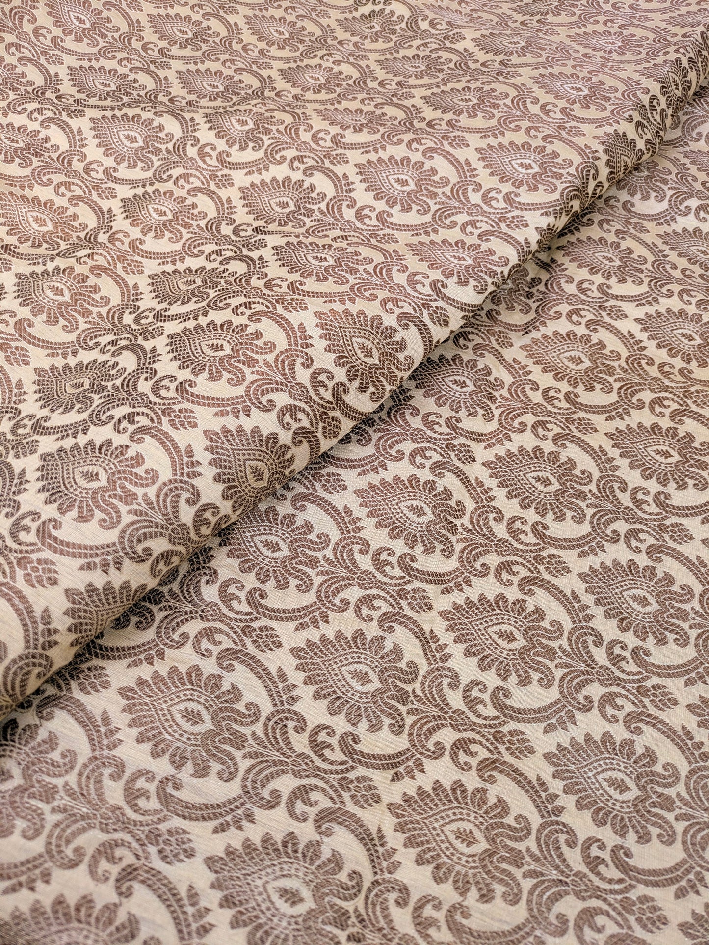 Beige Banarasi Brocade fabric by the yard/meter Jacquard damask fabric Gift for her Wedding bridal fabric Satin silk Dress Fabric- NFAF149