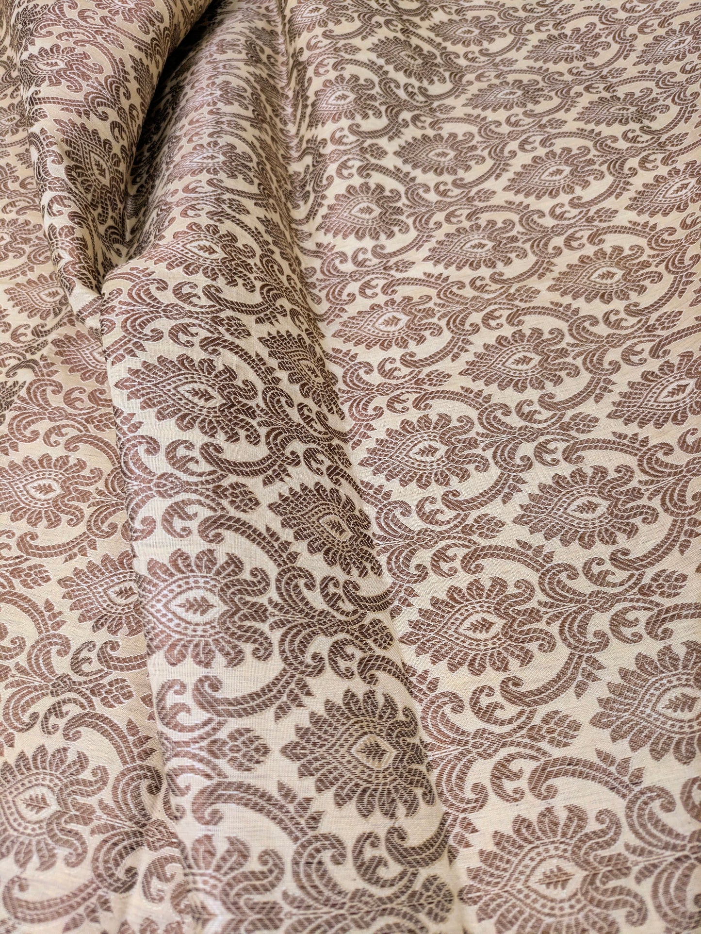 Beige Banarasi Brocade fabric by the yard/meter Jacquard damask fabric Gift for her Wedding bridal fabric Satin silk Dress Fabric- NFAF149