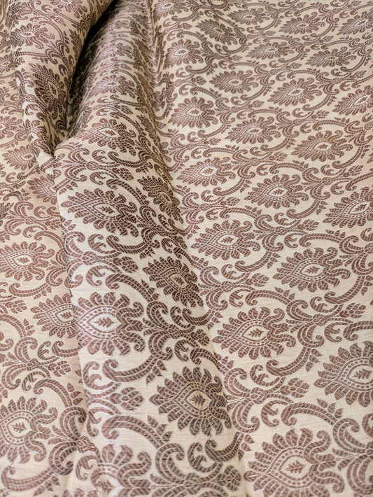 Beige Banarasi Brocade fabric by the yard/meter Jacquard damask fabric Gift for her Wedding bridal fabric Satin silk Dress Fabric- NFAF149