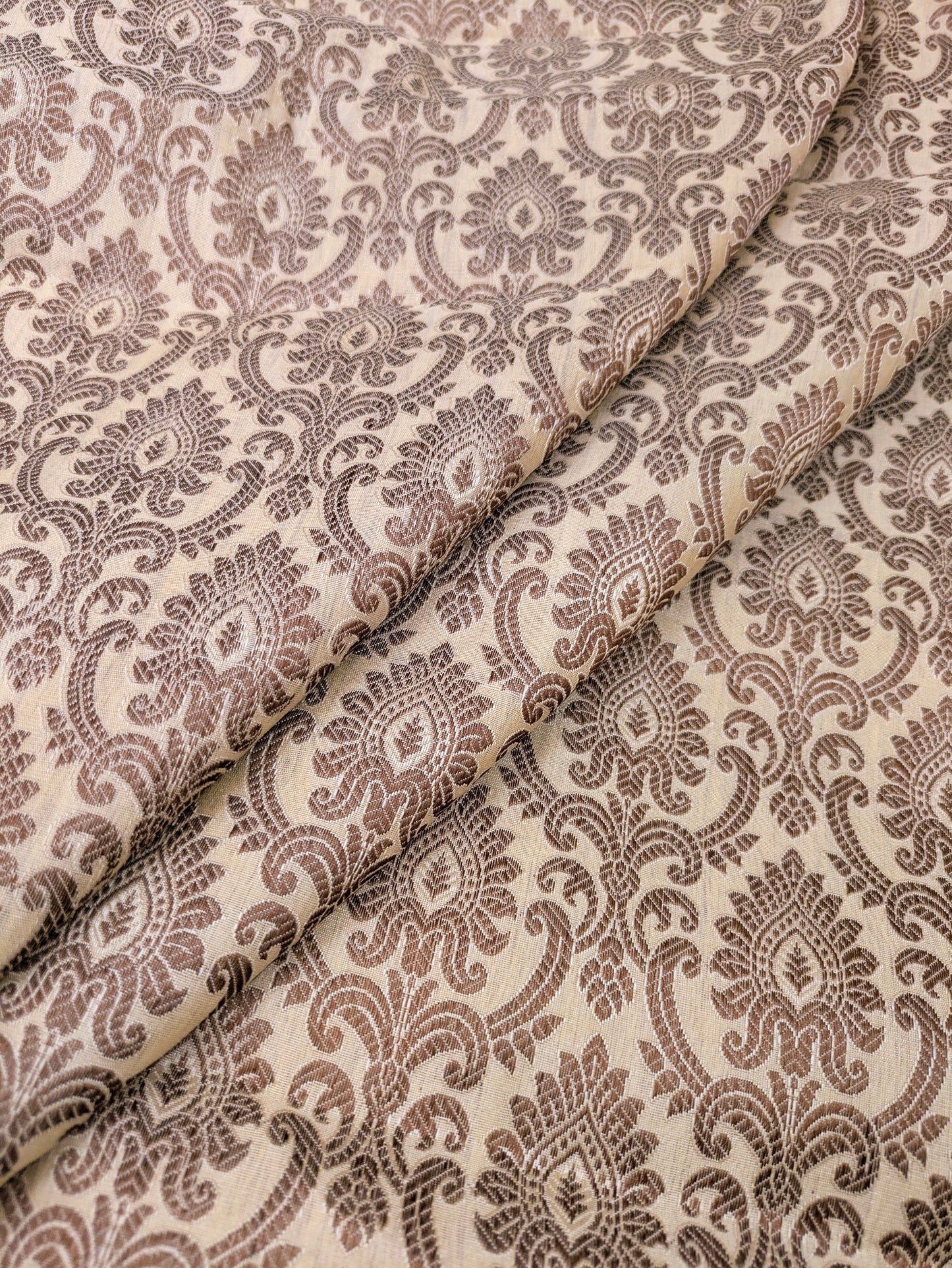 Beige Banarasi Brocade fabric by the yard/meter Jacquard damask fabric Gift for her Wedding bridal fabric Satin silk Dress Fabric- NFAF149