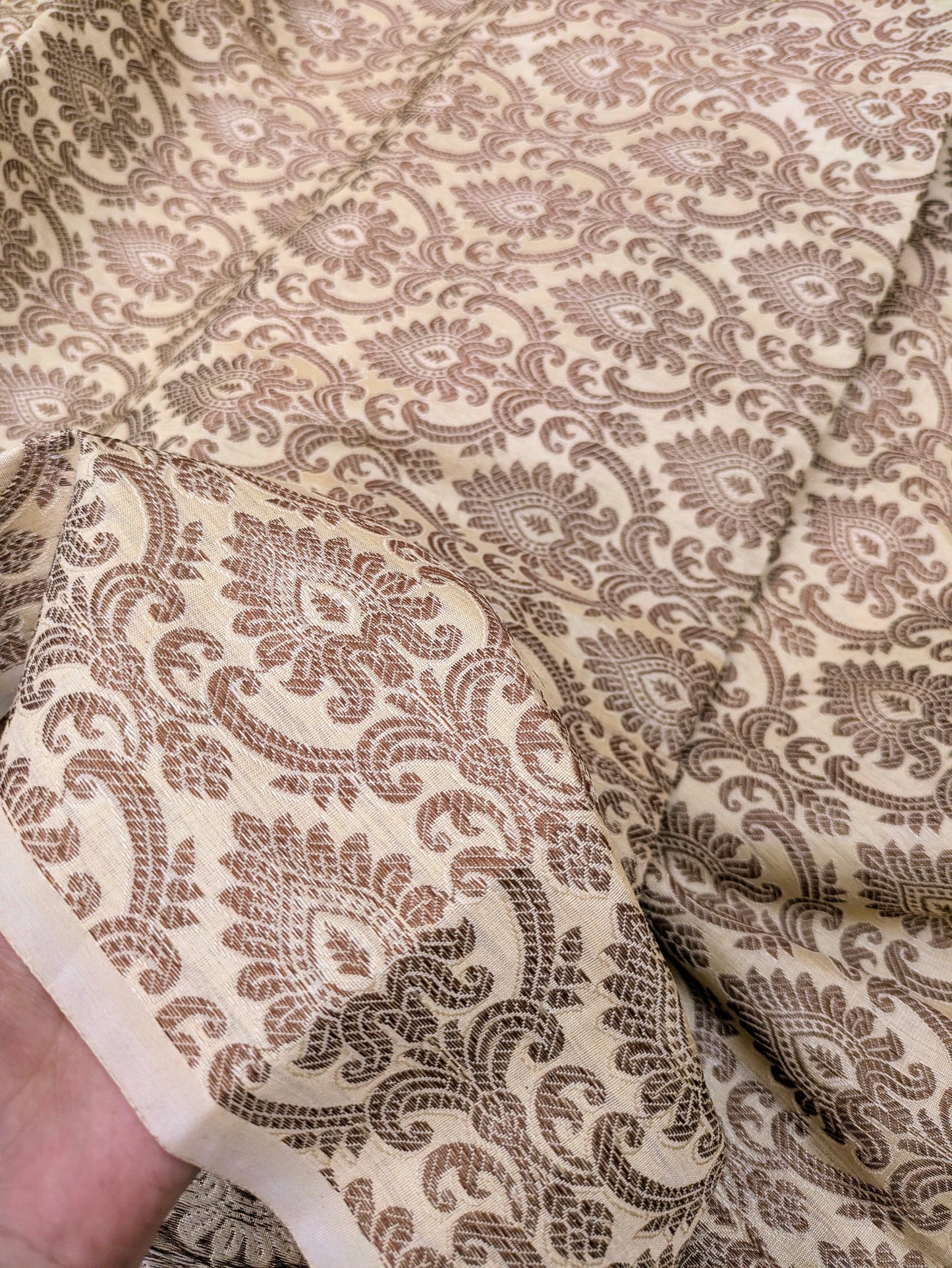Beige Banarasi Brocade fabric by the yard/meter Jacquard damask fabric Gift for her Wedding bridal fabric Satin silk Dress Fabric- NFAF149