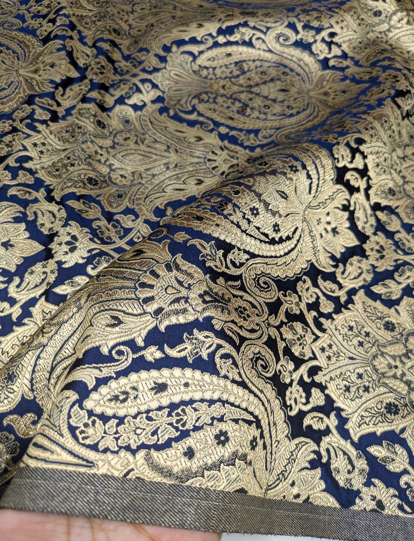Indian Brocade fabric Jacquard damask fabric Blue Gold fabric Wedding bridal fabric Luxury dress fabric Upholstery fabric by the yard NFAF151