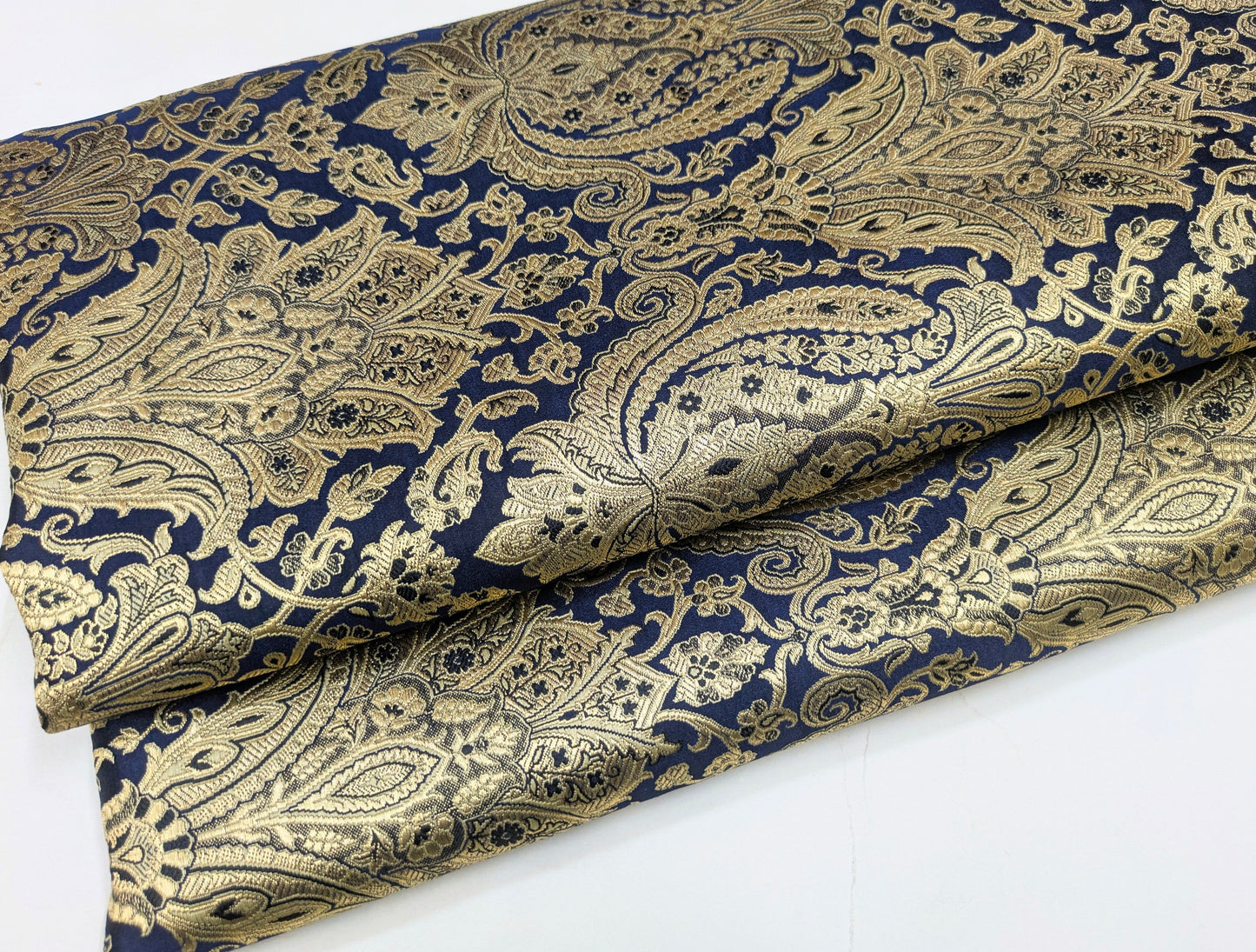 Indian Brocade fabric Jacquard damask fabric Blue Gold fabric Wedding bridal fabric Luxury dress fabric Upholstery fabric by the yard NFAF151