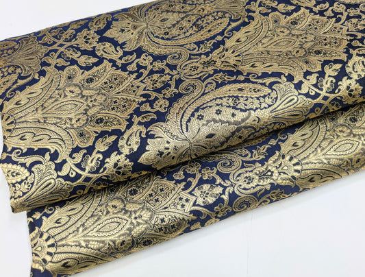 Indian Brocade fabric Jacquard damask fabric Blue Gold fabric Wedding bridal fabric Luxury dress fabric Upholstery fabric by the yard NFAF151