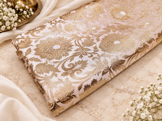 Ivory and Gold Jacquard Brocade Fabric, Wedding inspiration, Floral brocade, Metallic brocade, Rayon silk brocade - NFAF159