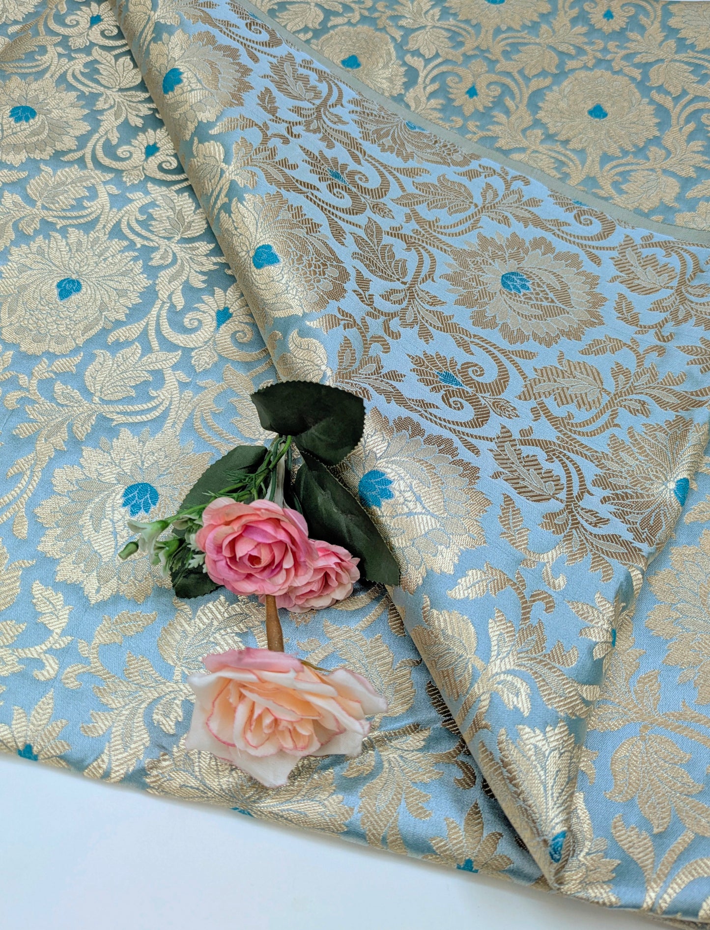 Brocade fabric Grayish Blue Gold Jacquard Damask Rayon Silk brocade Fabric Wedding Bridal High Grade Designer fabric by the yard Material NFAF15