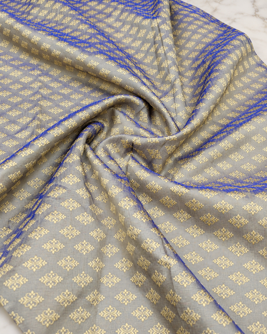 Indian Banarasi Brocade Fabric, Grayish Blue damask jacquard fabric, Wedding fabric, Historical fabric, Fabric by the yard/meter - NFAF174