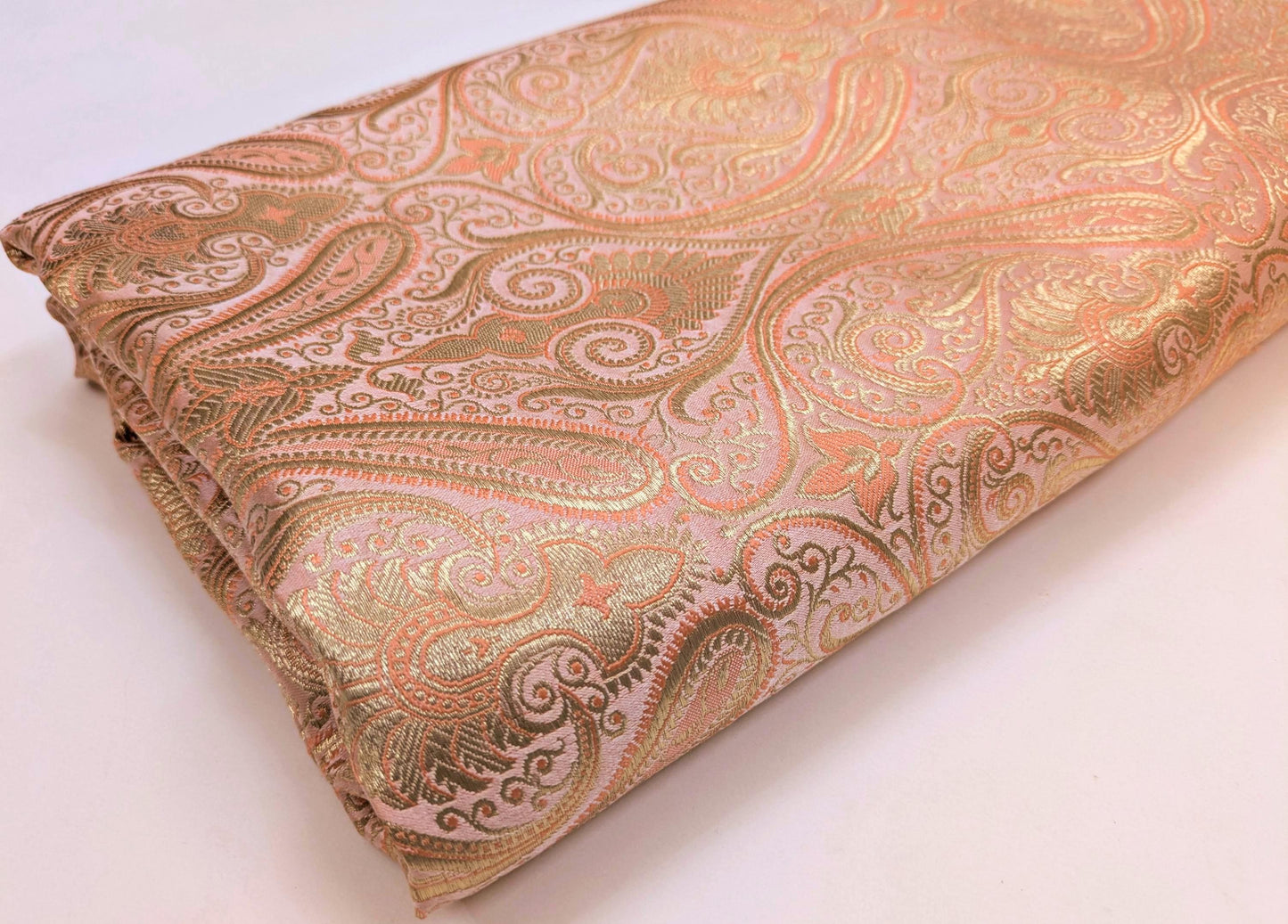 Banarasi Brocade fabric, Coral and Gold color Jacquard fabric, Paisley brocade, Wedding fabric, Gothic fabric, Gold fabric, Party fabric - NFAF18