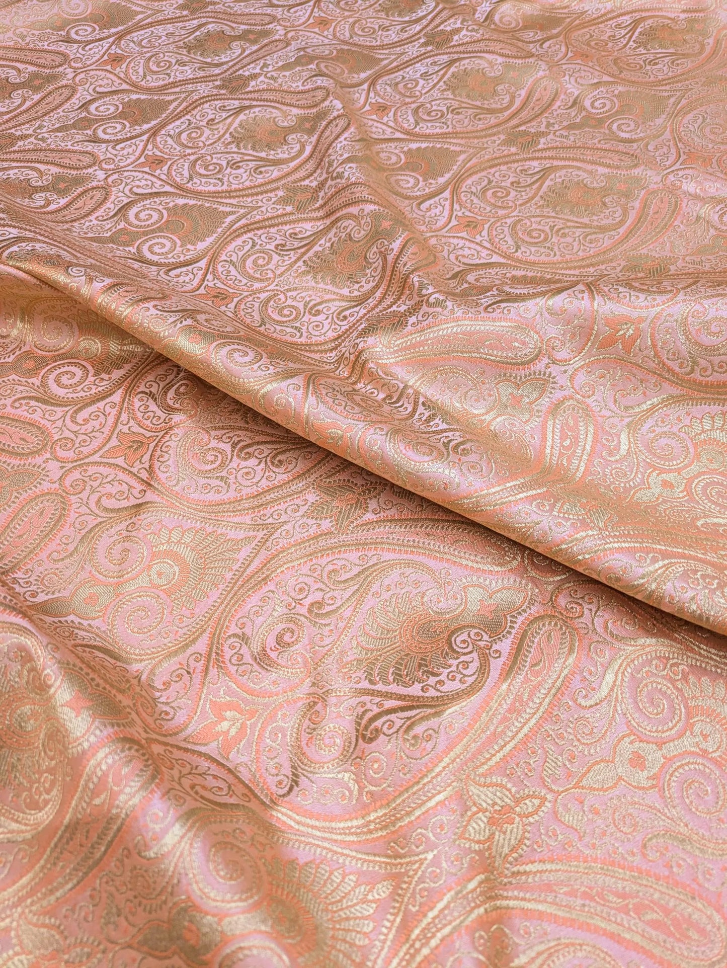 Banarasi Brocade fabric, Coral and Gold color Jacquard fabric, Paisley brocade, Wedding fabric, Gothic fabric, Gold fabric, Party fabric - NFAF18