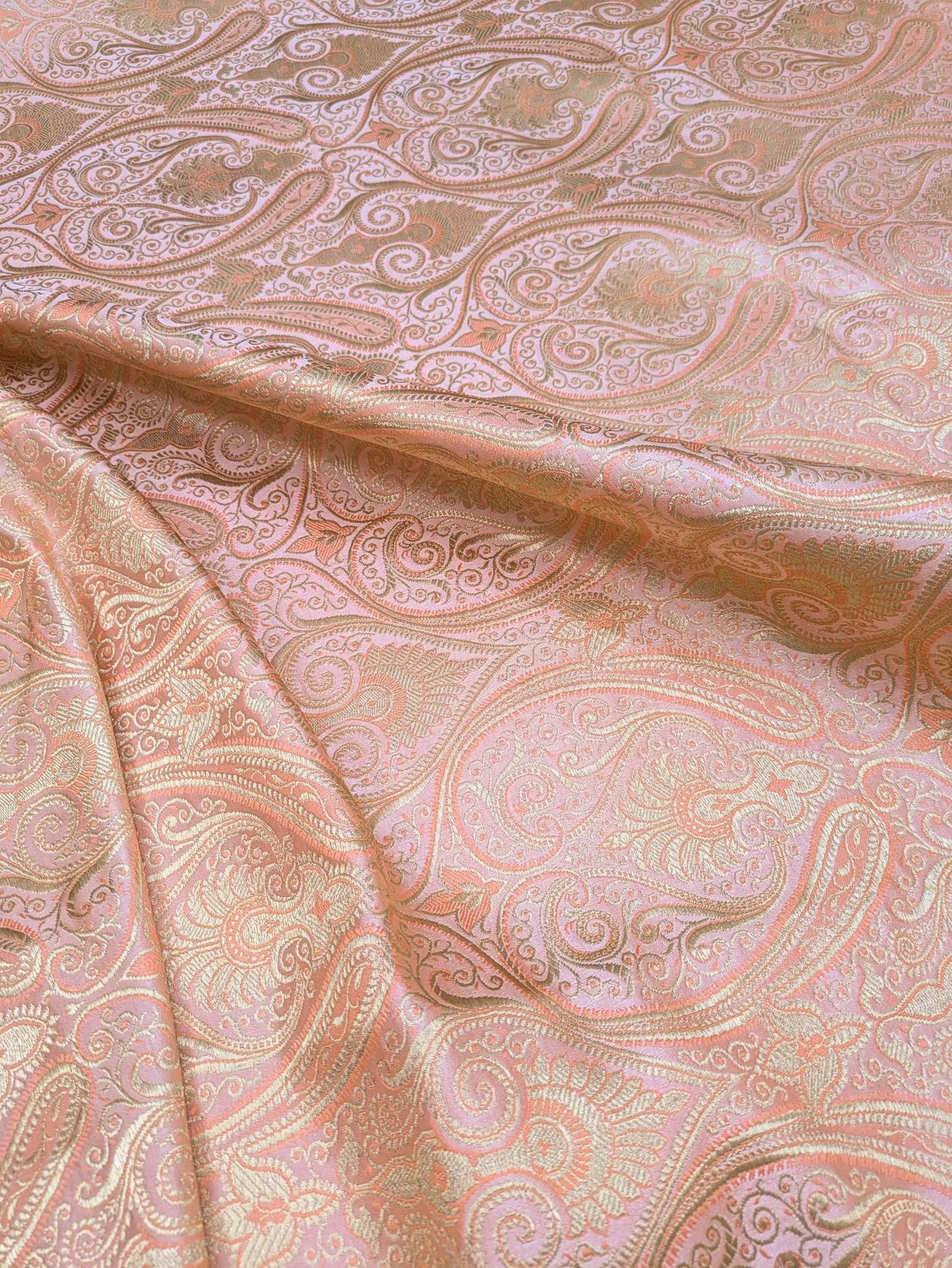 Banarasi Brocade fabric, Coral and Gold color Jacquard fabric, Paisley brocade, Wedding fabric, Gothic fabric, Gold fabric, Party fabric - NFAF18