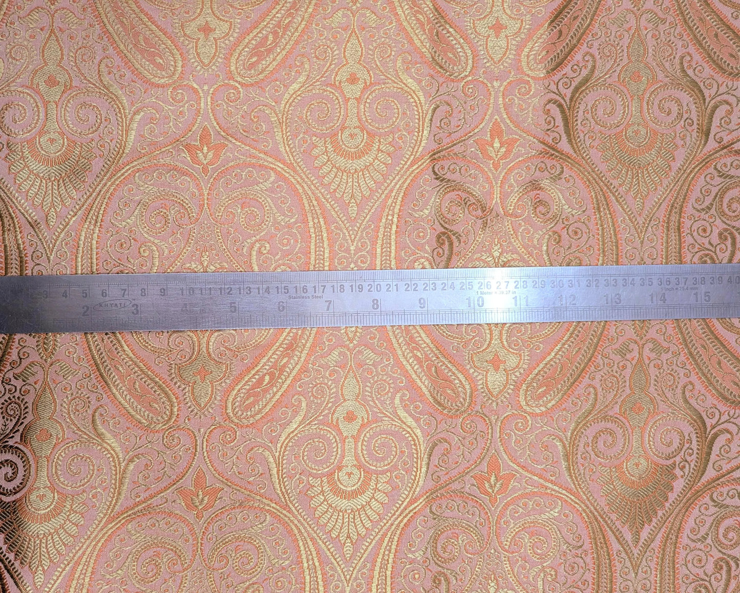 Banarasi Brocade fabric, Coral and Gold color Jacquard fabric, Paisley brocade, Wedding fabric, Gothic fabric, Gold fabric, Party fabric - NFAF18