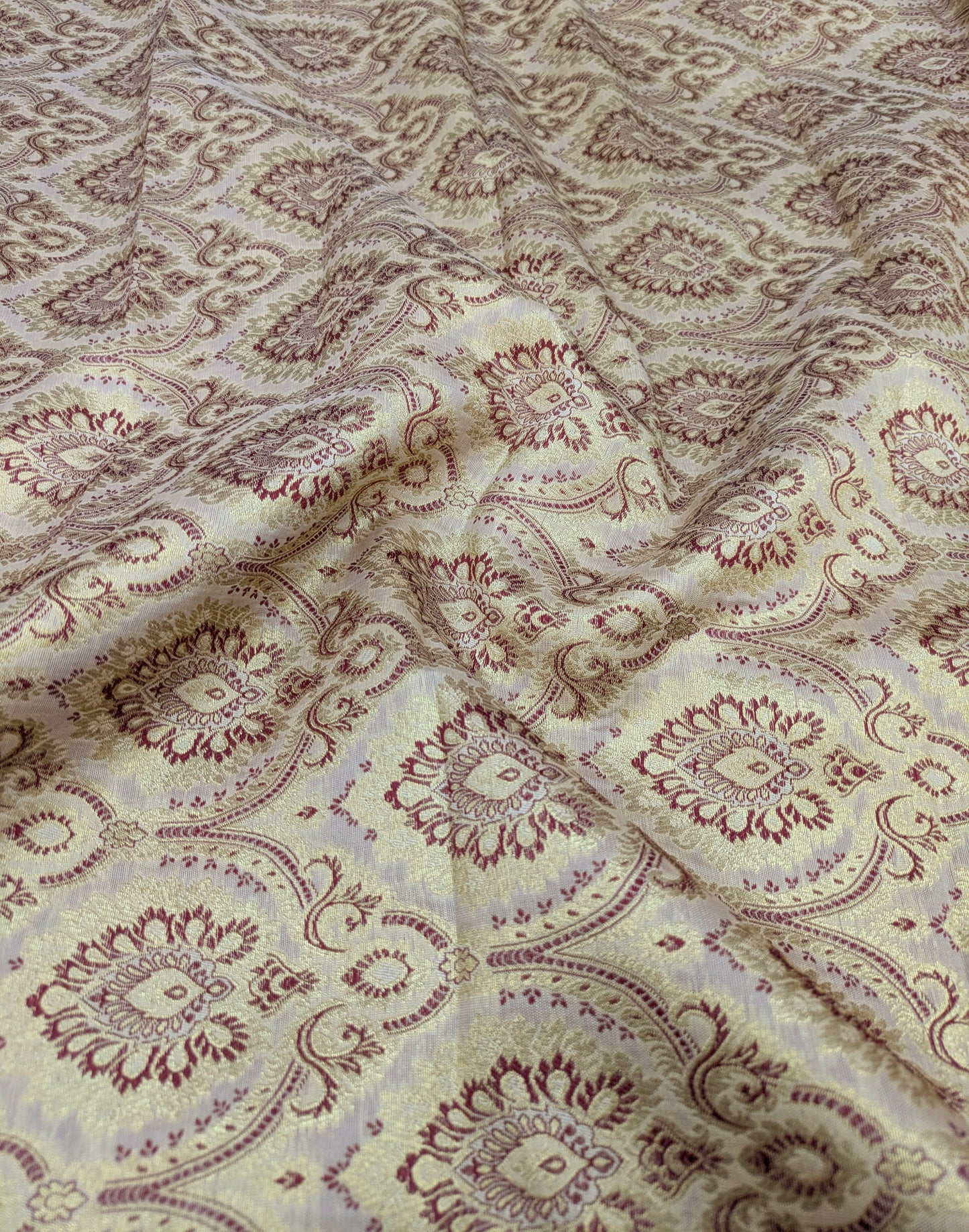 Indian banarasi brocade fabric, Beige maroon damask jacquard brocade fabric, Rayon silk brocade, Historical fabric, Gold fabric - NFAF192