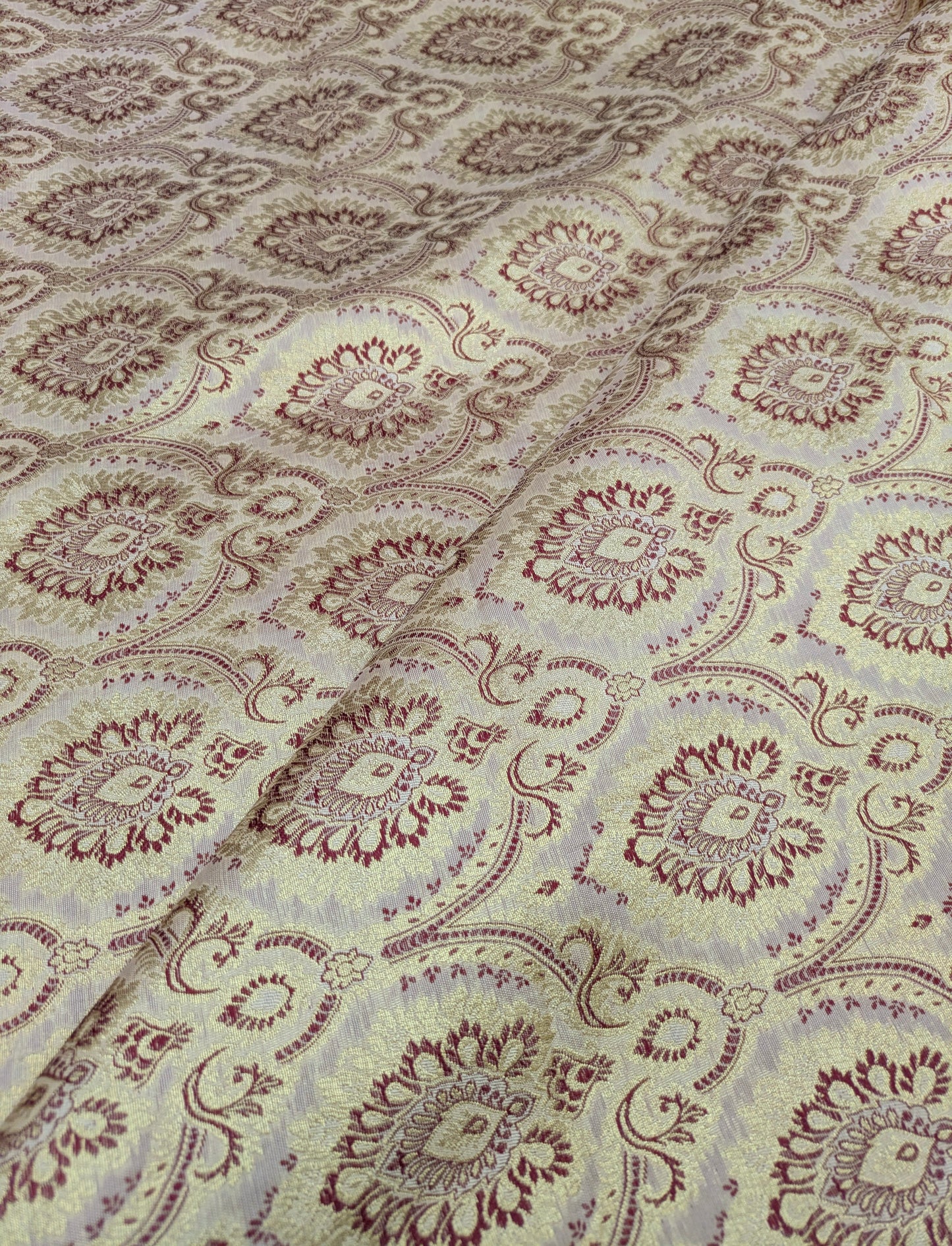 Indian banarasi brocade fabric, Beige maroon damask jacquard brocade fabric, Rayon silk brocade, Historical fabric, Gold fabric - NFAF192