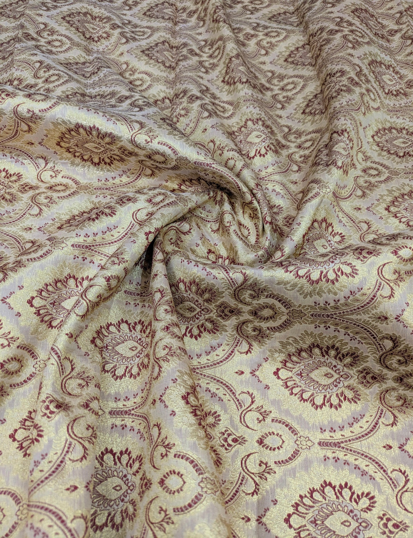 Indian banarasi brocade fabric, Beige maroon damask jacquard brocade fabric, Rayon silk brocade, Historical fabric, Gold fabric - NFAF192