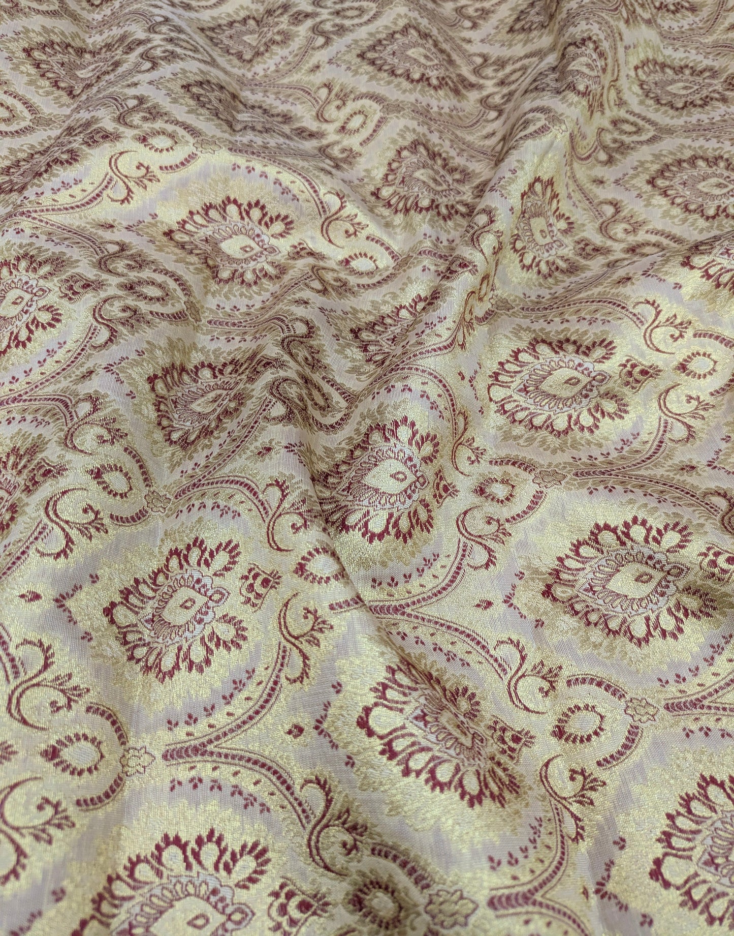 Indian banarasi brocade fabric, Beige maroon damask jacquard brocade fabric, Rayon silk brocade, Historical fabric, Gold fabric - NFAF192