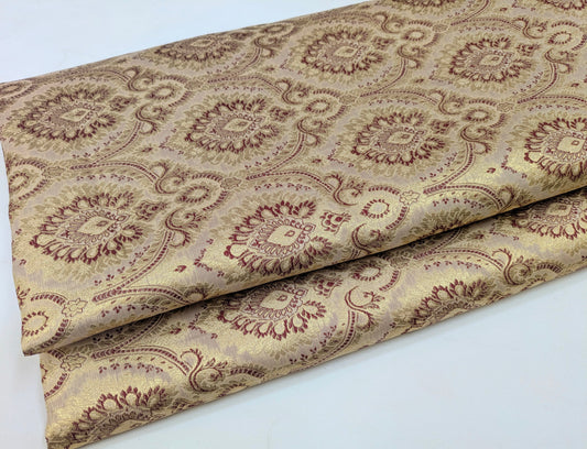 Indian banarasi brocade fabric, Beige maroon damask jacquard brocade fabric, Rayon silk brocade, Historical fabric, Gold fabric - NFAF192