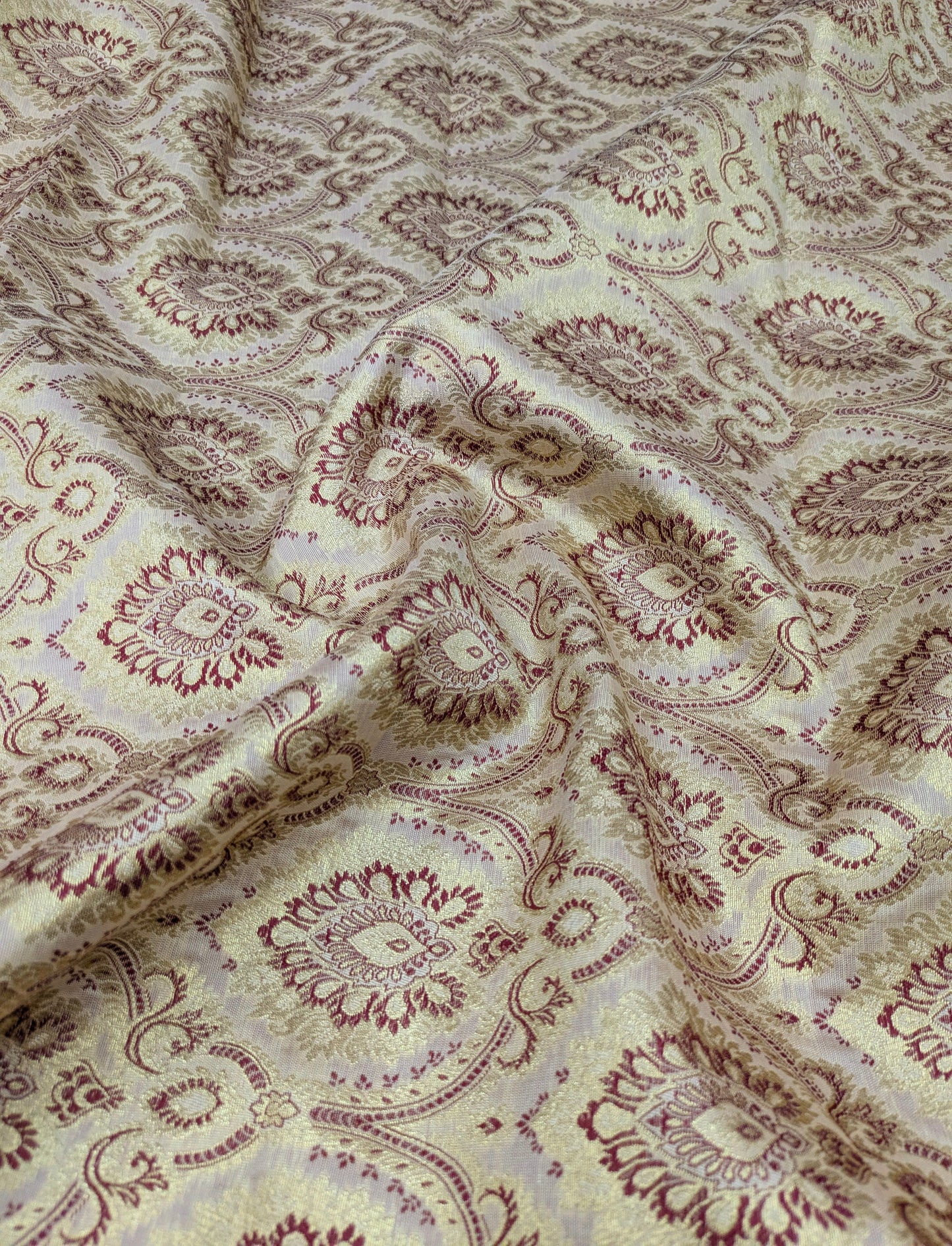 Indian banarasi brocade fabric, Beige maroon damask jacquard brocade fabric, Rayon silk brocade, Historical fabric, Gold fabric - NFAF192