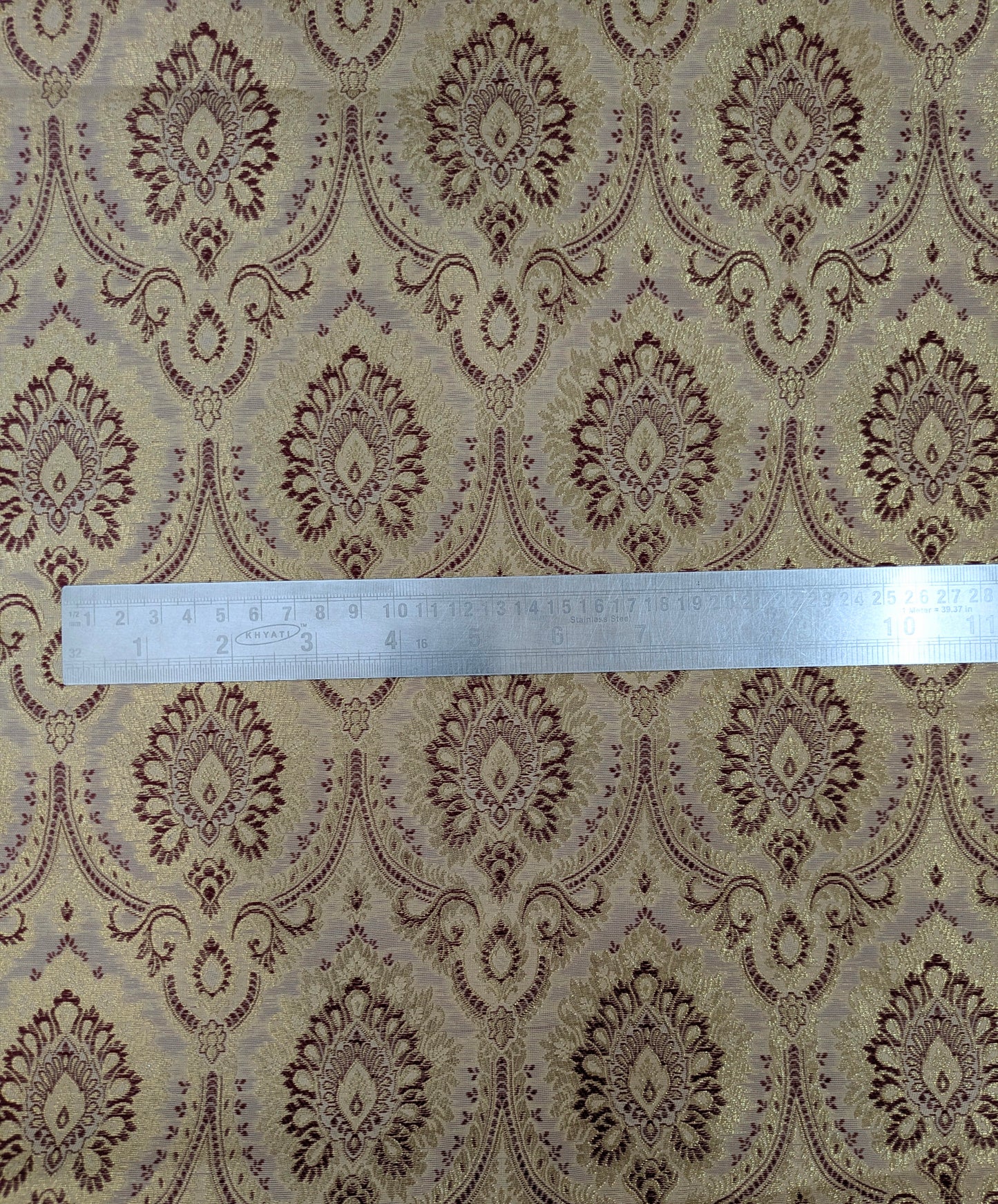 Indian banarasi brocade fabric, Beige maroon damask jacquard brocade fabric, Rayon silk brocade, Historical fabric, Gold fabric - NFAF192