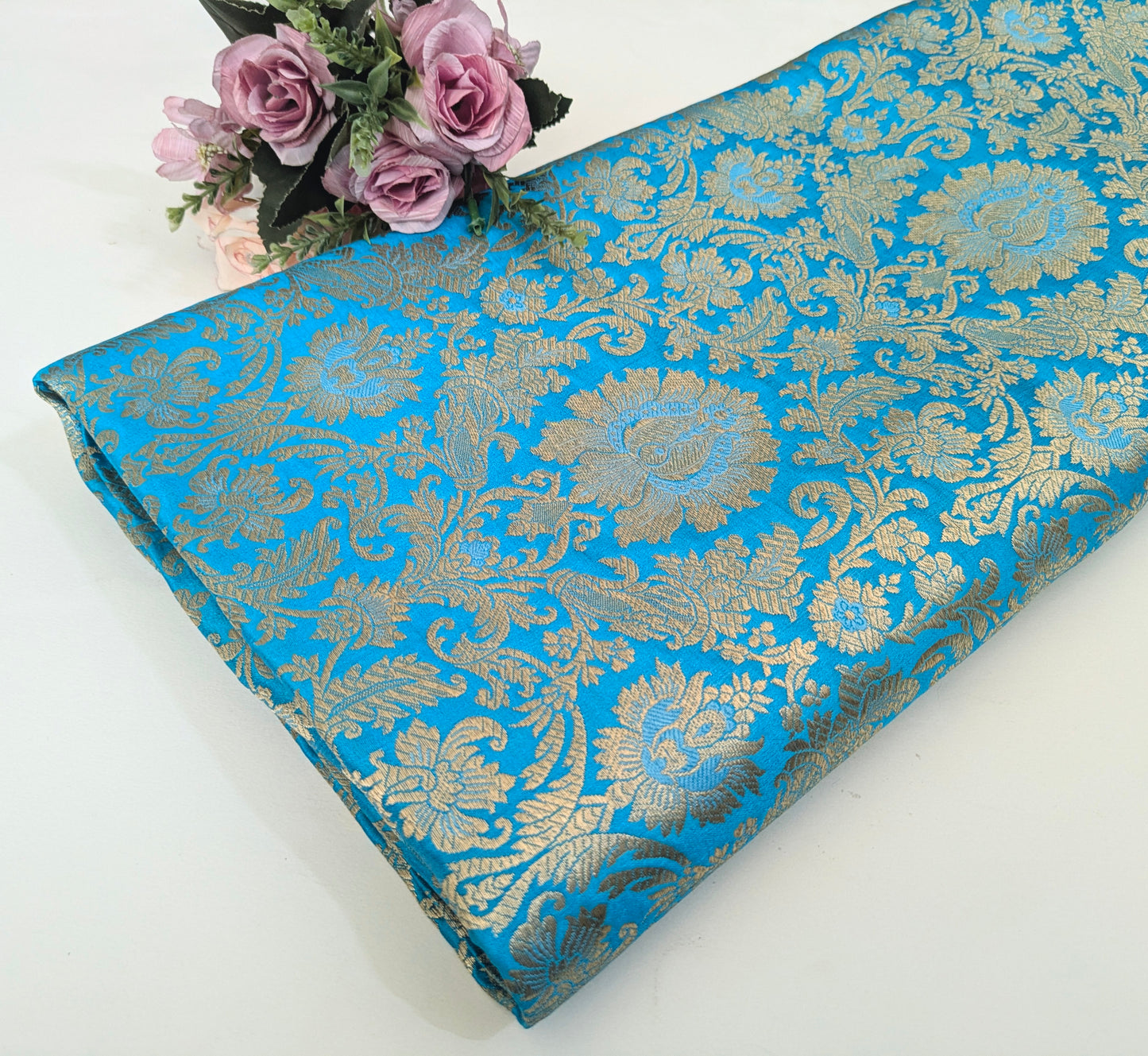 Banarasi Brocade fabric, Blue gold Jacquard fabric, Floral brocade, Wedding inspiration, Historical fabric, Renaissance fabric, Fashion fabric - NFAF198