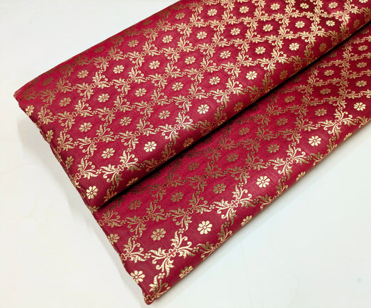 Indian Banarasi Brocade Fabric, Red Gold Rayon silk brocade, Home décor fabric, Floral brocade, Lace brocade, Designer fabric - NFAF199