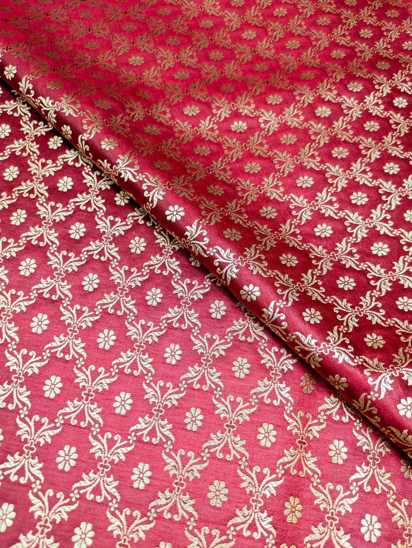 Indian Banarasi Brocade Fabric, Red Gold Rayon silk brocade, Home décor fabric, Floral brocade, Lace brocade, Designer fabric - NFAF199