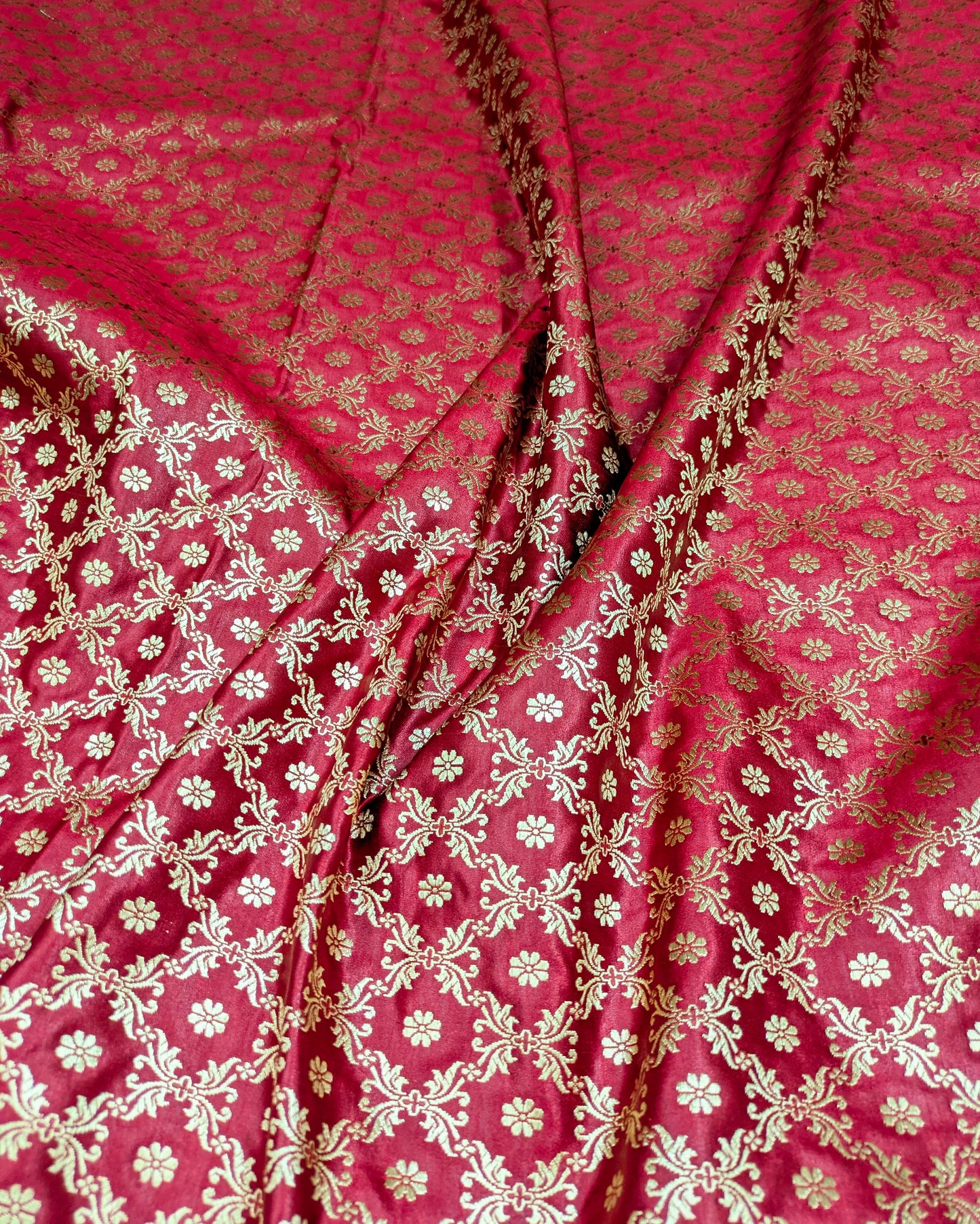 Indian Banarasi Brocade Fabric, Red Gold Rayon silk brocade, Home décor fabric, Floral brocade, Lace brocade, Designer fabric - NFAF199