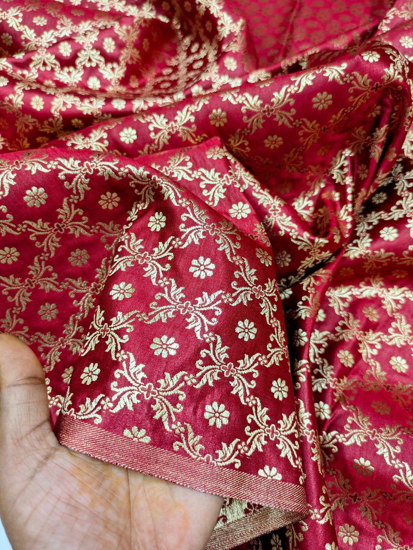 Indian Banarasi Brocade Fabric, Red Gold Rayon silk brocade, Home décor fabric, Floral brocade, Lace brocade, Designer fabric - NFAF199