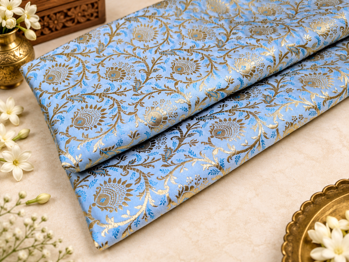 Brocade fabric Jacquard Damask Luxury Wedding Bridal fabric Blue Gold Brocade Lehenga Indian Home decor Fabric by the yard meter NFAF19