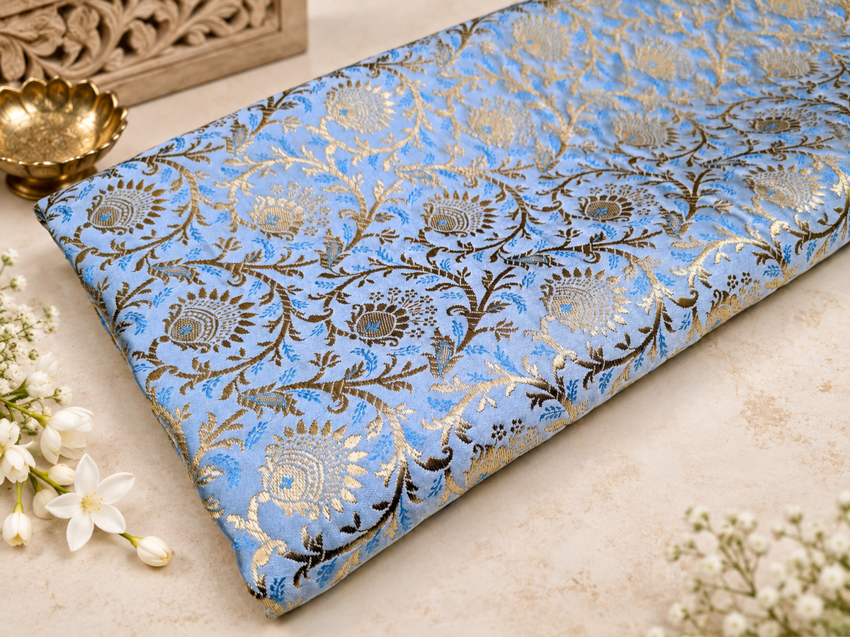 Brocade fabric Jacquard Damask Luxury Wedding Bridal fabric Blue Gold Brocade Lehenga Indian Home decor Fabric by the yard meter NFAF19