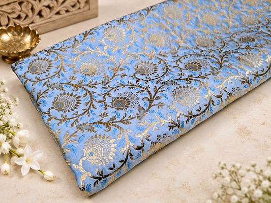 Brocade fabric Jacquard Damask Luxury Wedding Bridal fabric Blue Gold Brocade Lehenga Indian Home decor Fabric by the yard meter NFAF19