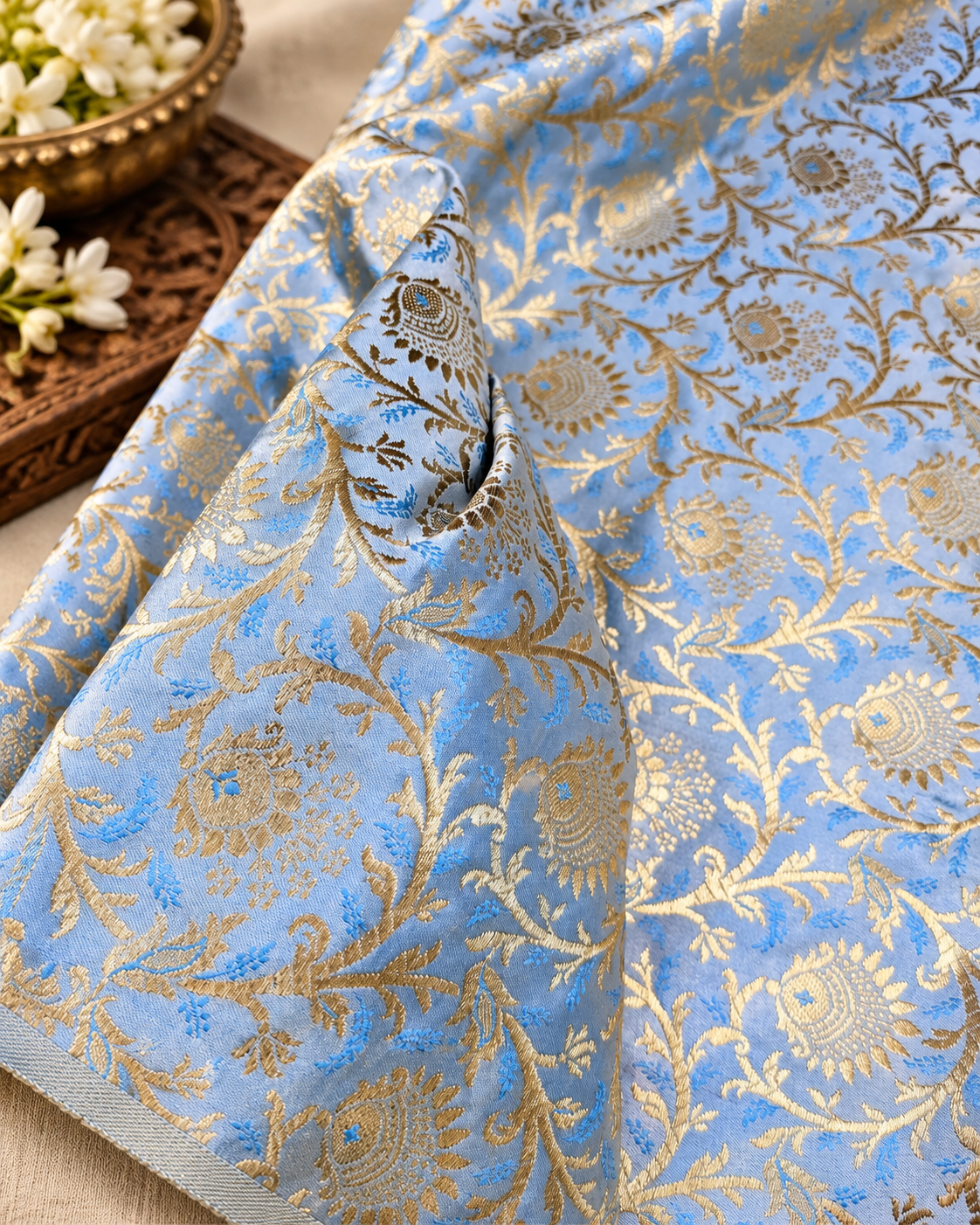 Brocade fabric Jacquard Damask Luxury Wedding Bridal fabric Blue Gold Brocade Lehenga Indian Home decor Fabric by the yard meter NFAF19