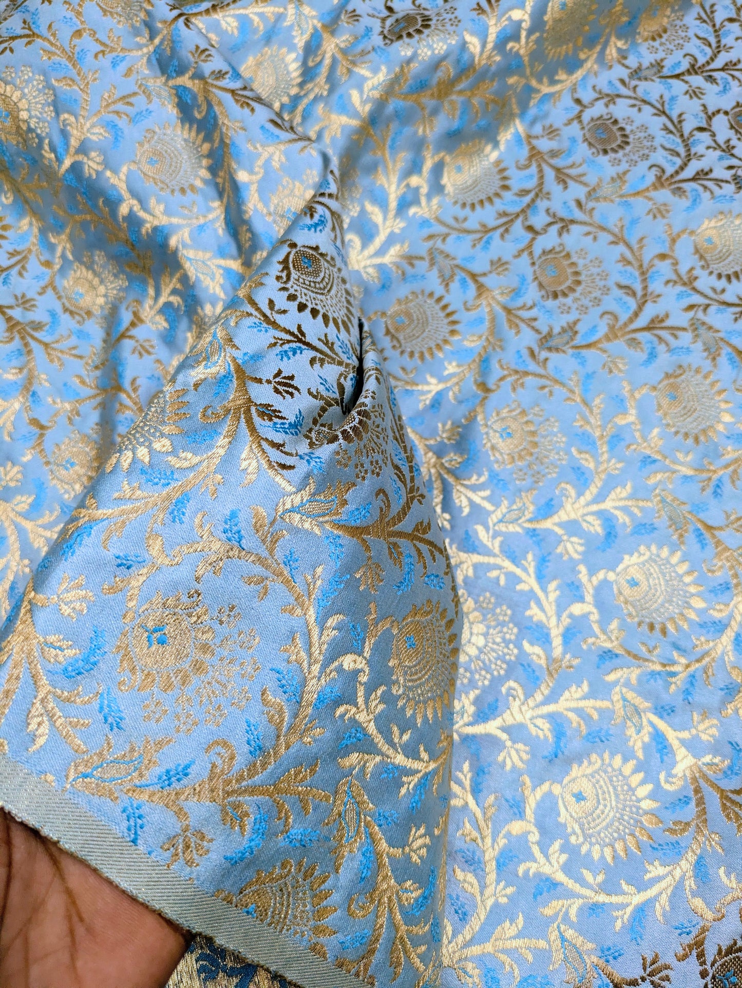 Brocade fabric Jacquard Damask Luxury Wedding Bridal fabric Blue Gold Brocade Lehenga Indian Home decor Fabric by the yard meter NFAF19