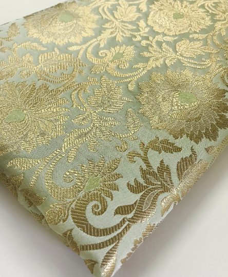 Indian Banarasi Brocade fabric in Sage Green and Gold color,  Multiple lengths will come in the continuous piece - NF2002