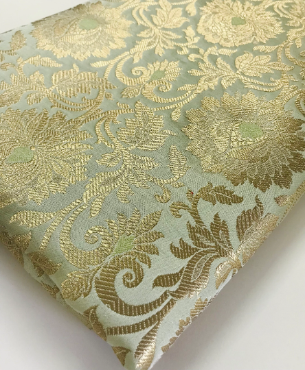 Brocade fabric Sage Green Gold Jacquard Damask Rayon Silk brocade fabric Wedding Dress Bridal Brocade Fabric by the yard/meter - NFAF2002