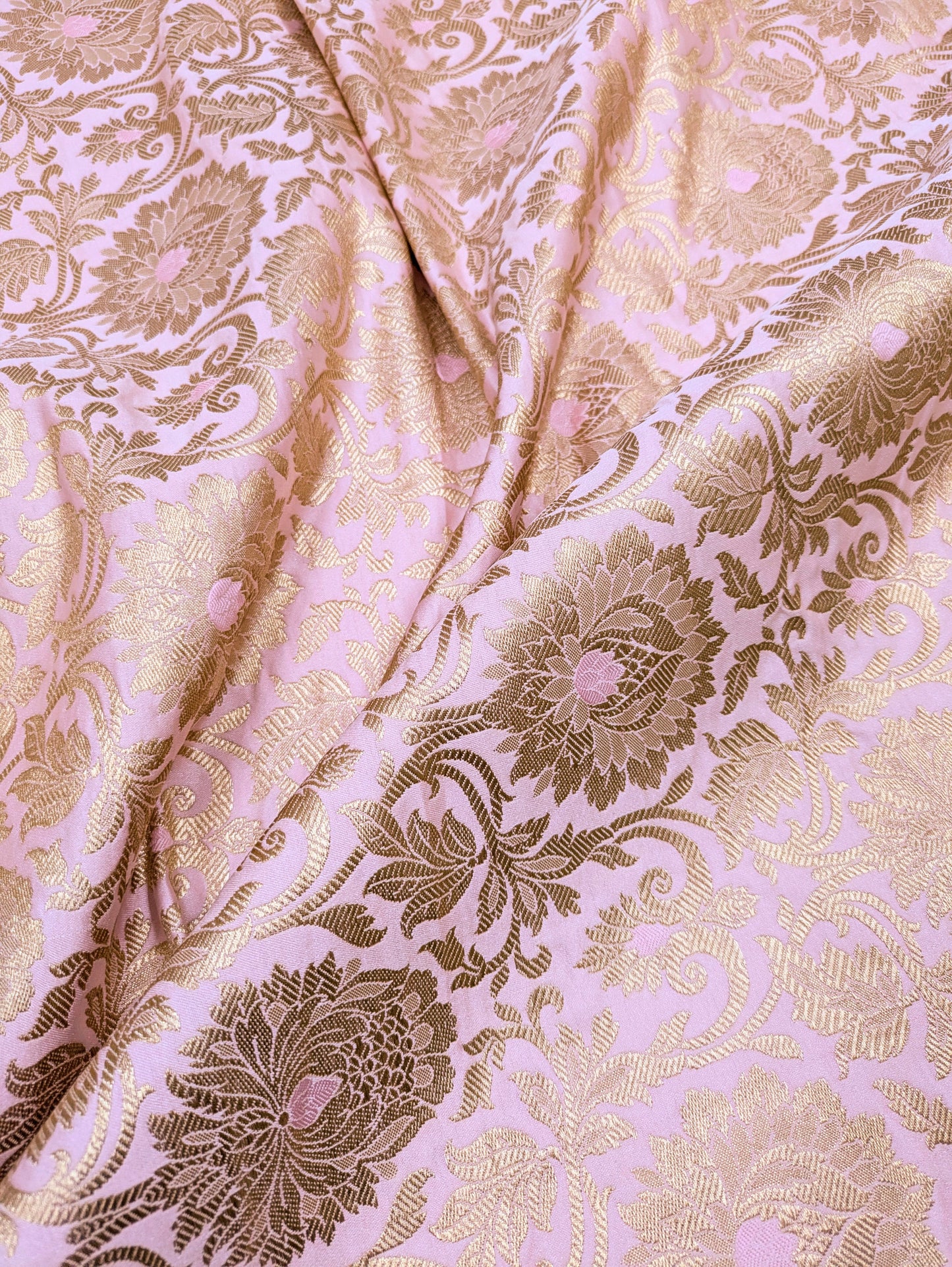 Banarasi Brocade Fabric, Pink gold designer fabric, Rayon silk brocade, Damask jacquard brocade, Floral brocade, Brocade Satin - NFAF20