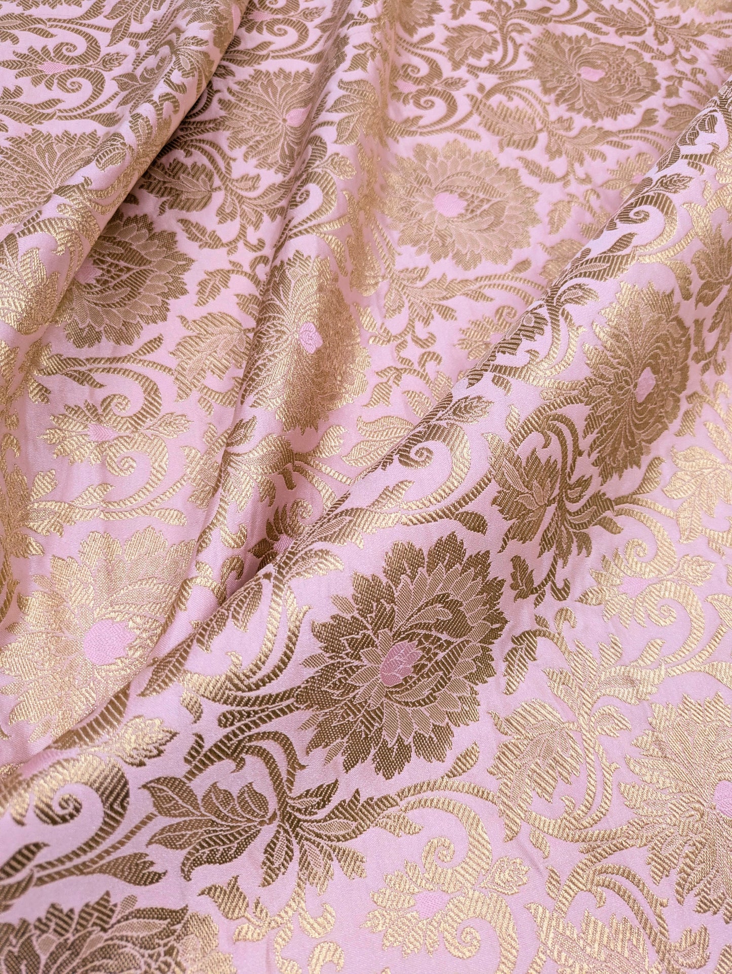 Banarasi Brocade Fabric, Pink gold designer fabric, Rayon silk brocade, Damask jacquard brocade, Floral brocade, Brocade Satin - NFAF20
